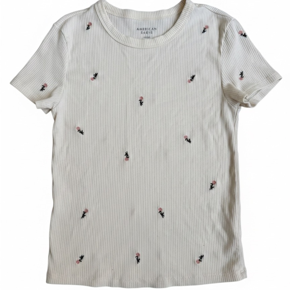American Eagle Women S Ribbed T-Shirt Cream Embroidered Floral Rose Coquette Bas